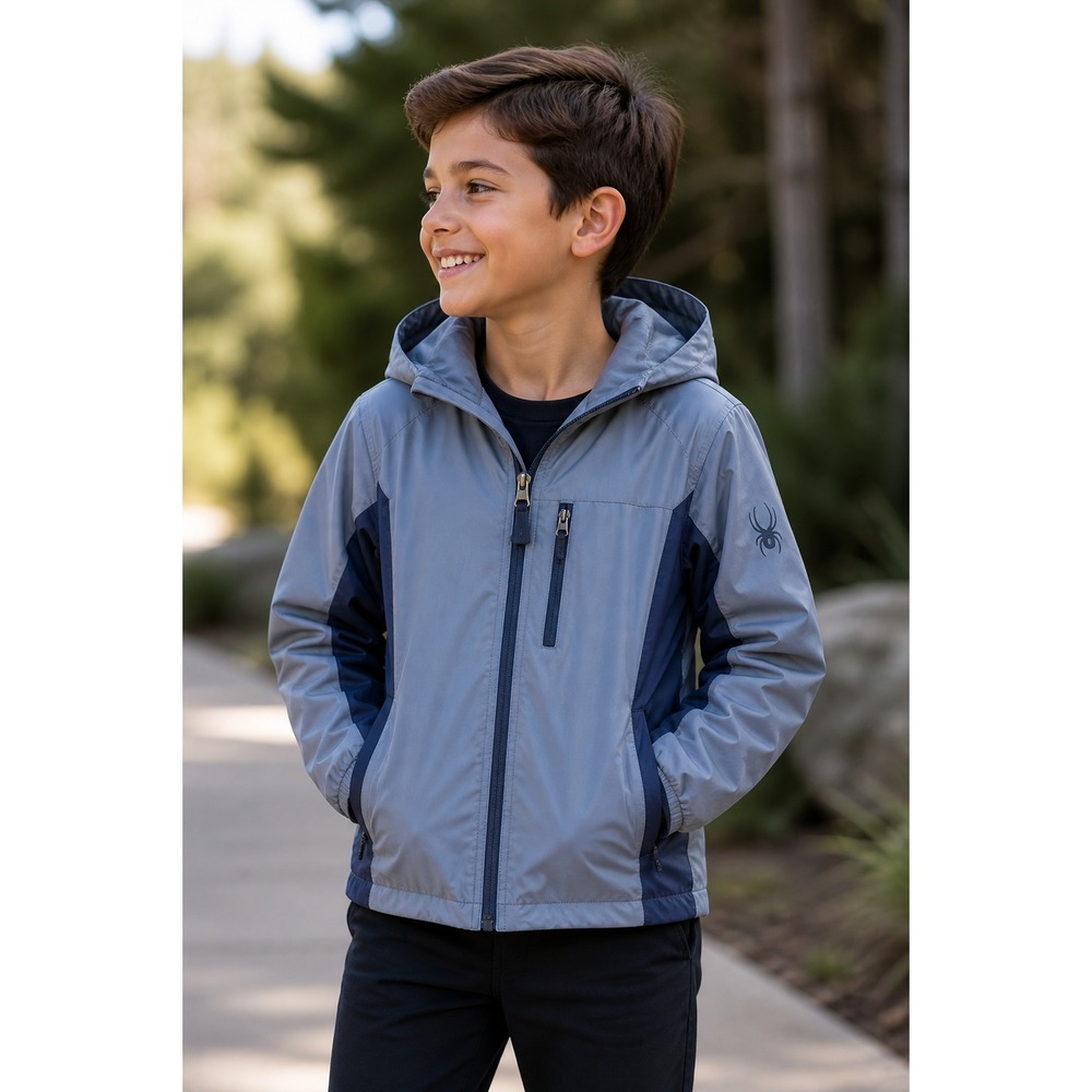 Spyder Kids Hooded Jacket Gray Blue Full Zip Lightweight Windbreaker